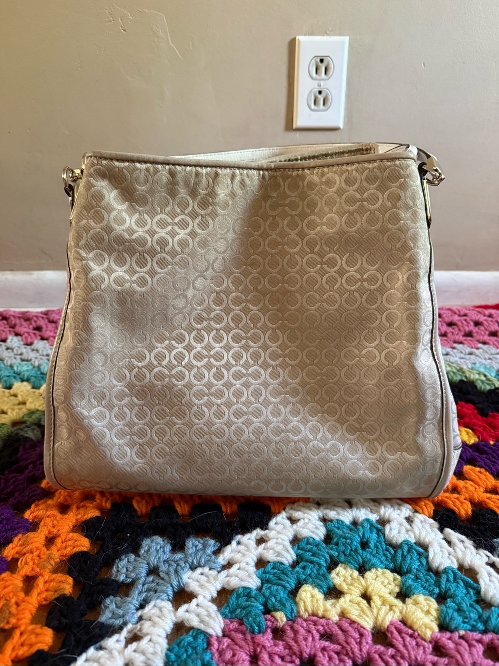 Coach Cream Signature Jacquard Shoulder Bag with Leather Trim
